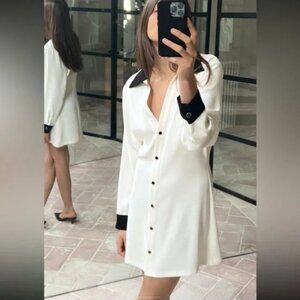 Zara White Black Buttoned Long Sleeve Shirt Dress